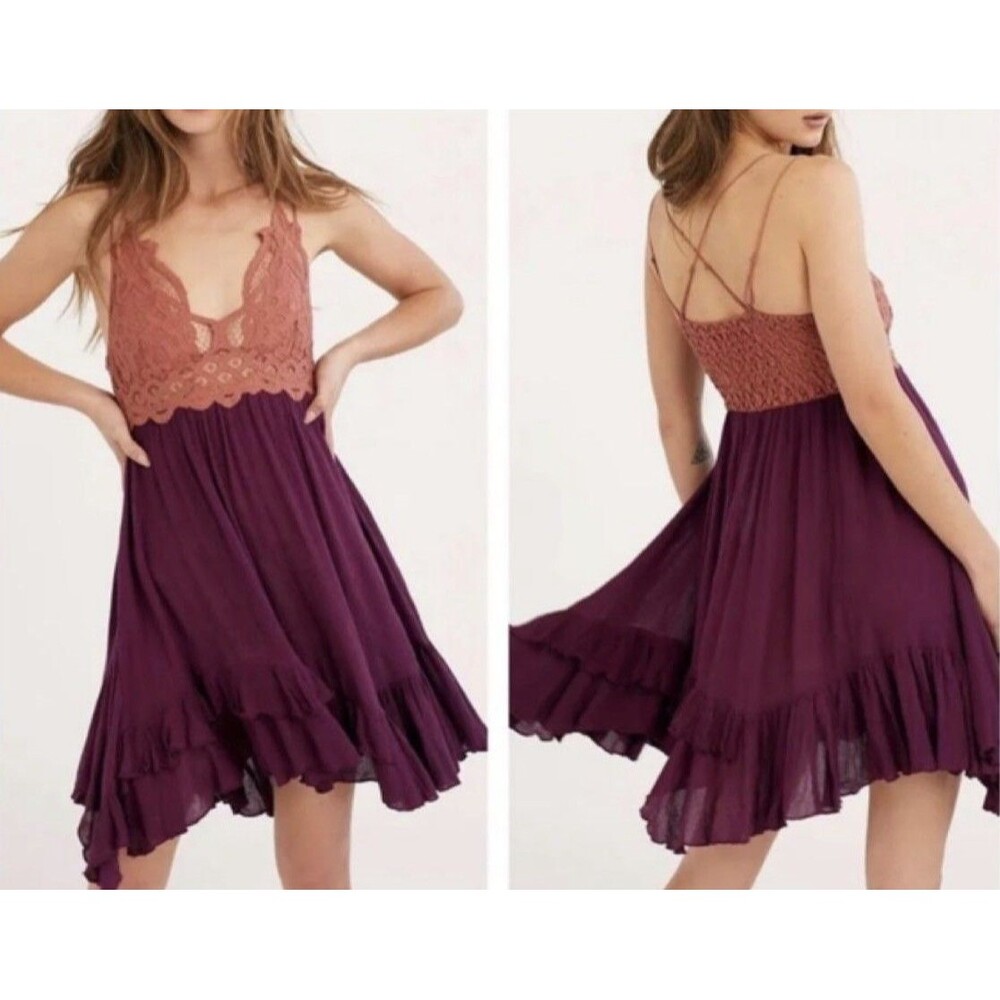 Free People Adella slip dress rust-colored crochet lace bodice tiered plum skirt - Picture 8 of 8